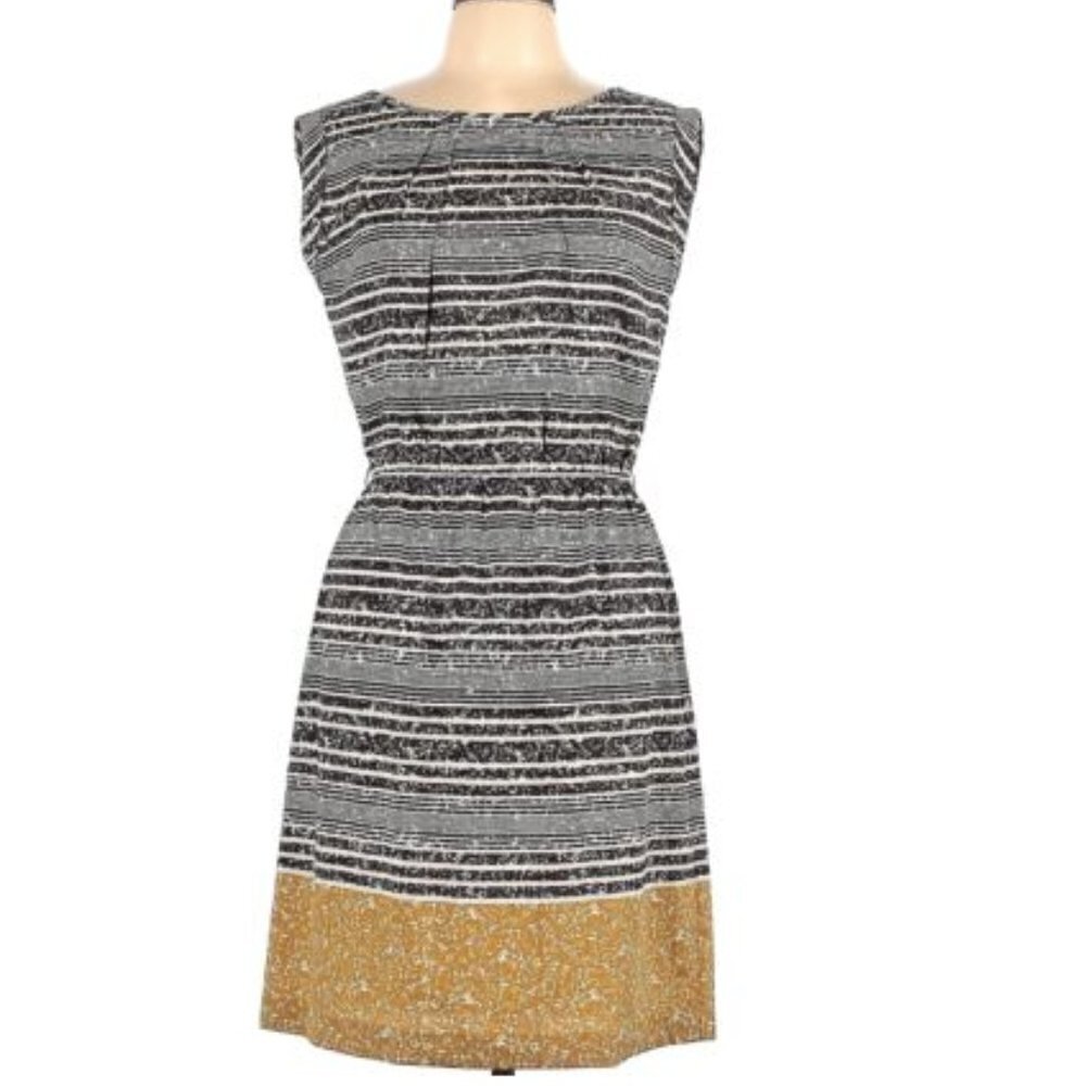 The Limited Marble Striped Cap Sleeve Dress Gathered Waist Mustard Hem Size M